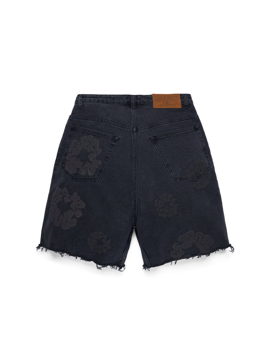 Black Mono Cotton Wreath Denim Shorts