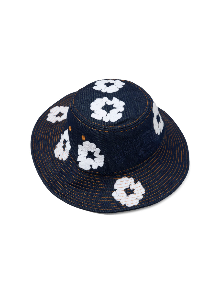 Denim Cotton Wreath Bucket Hat Washed Indigo