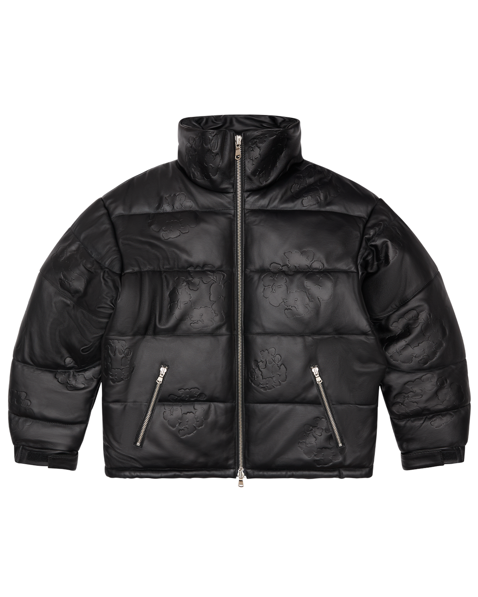 Embossed Leather Wreath Puffer Black