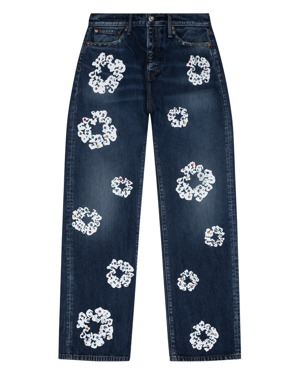 Baggy Rhinestone Cotton Wreath Denim Pant Dark Wash